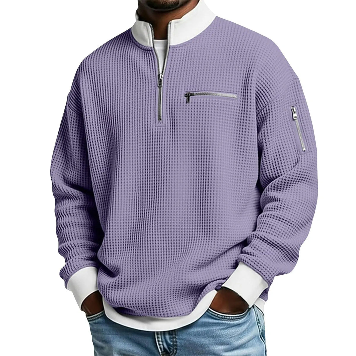 Classic Waffle Knit Quarter Zip Sweatshirt for Men, Relaxed Fit Casual Pullover Top
