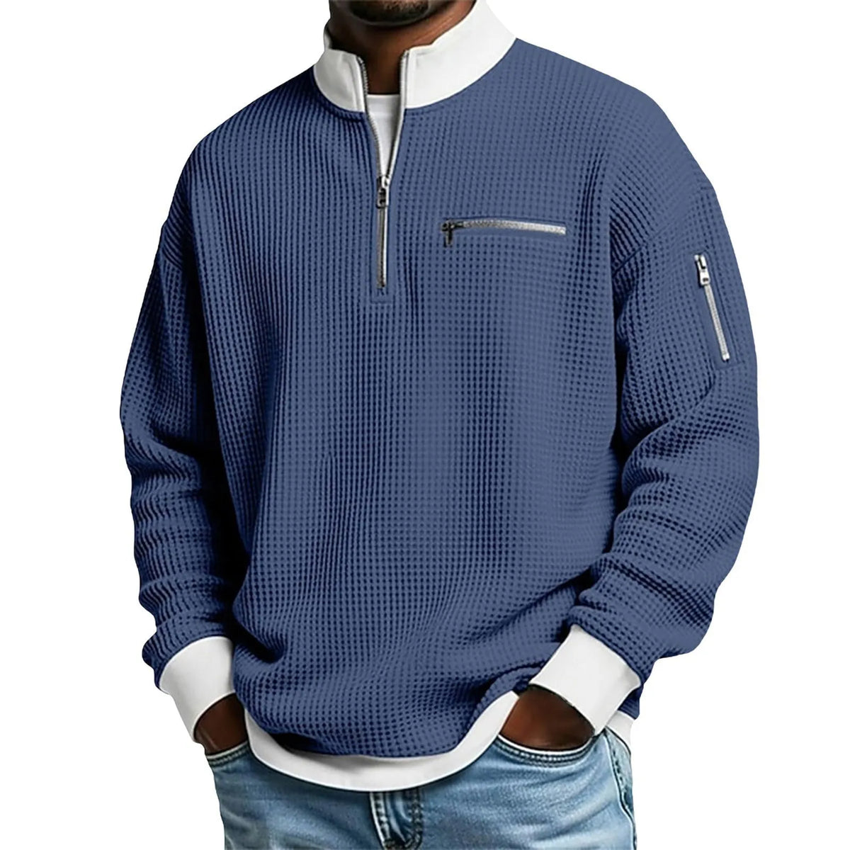 Classic Waffle Knit Quarter Zip Sweatshirt for Men, Relaxed Fit Casual Pullover Top