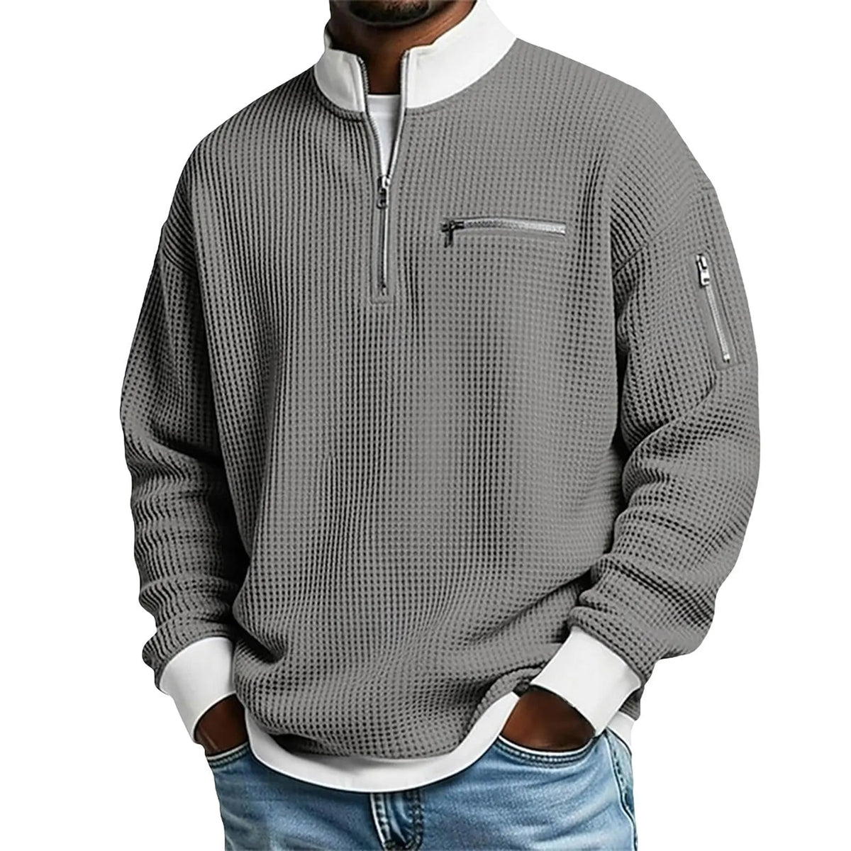 Classic Waffle Knit Quarter Zip Sweatshirt for Men, Relaxed Fit Casual Pullover Top