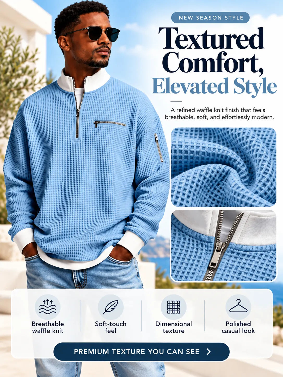 Classic Waffle Knit Quarter Zip Sweatshirt for Men, Relaxed Fit Casual Pullover Top