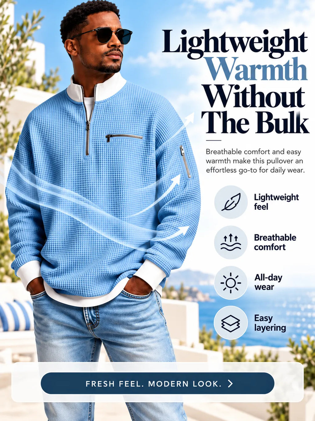 Classic Waffle Knit Quarter Zip Sweatshirt for Men, Relaxed Fit Casual Pullover Top