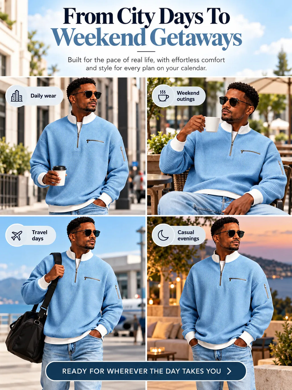 Classic Waffle Knit Quarter Zip Sweatshirt for Men, Relaxed Fit Casual Pullover Top