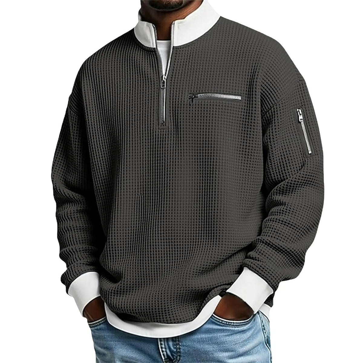 Classic Waffle Knit Quarter Zip Sweatshirt for Men, Relaxed Fit Casual Pullover Top