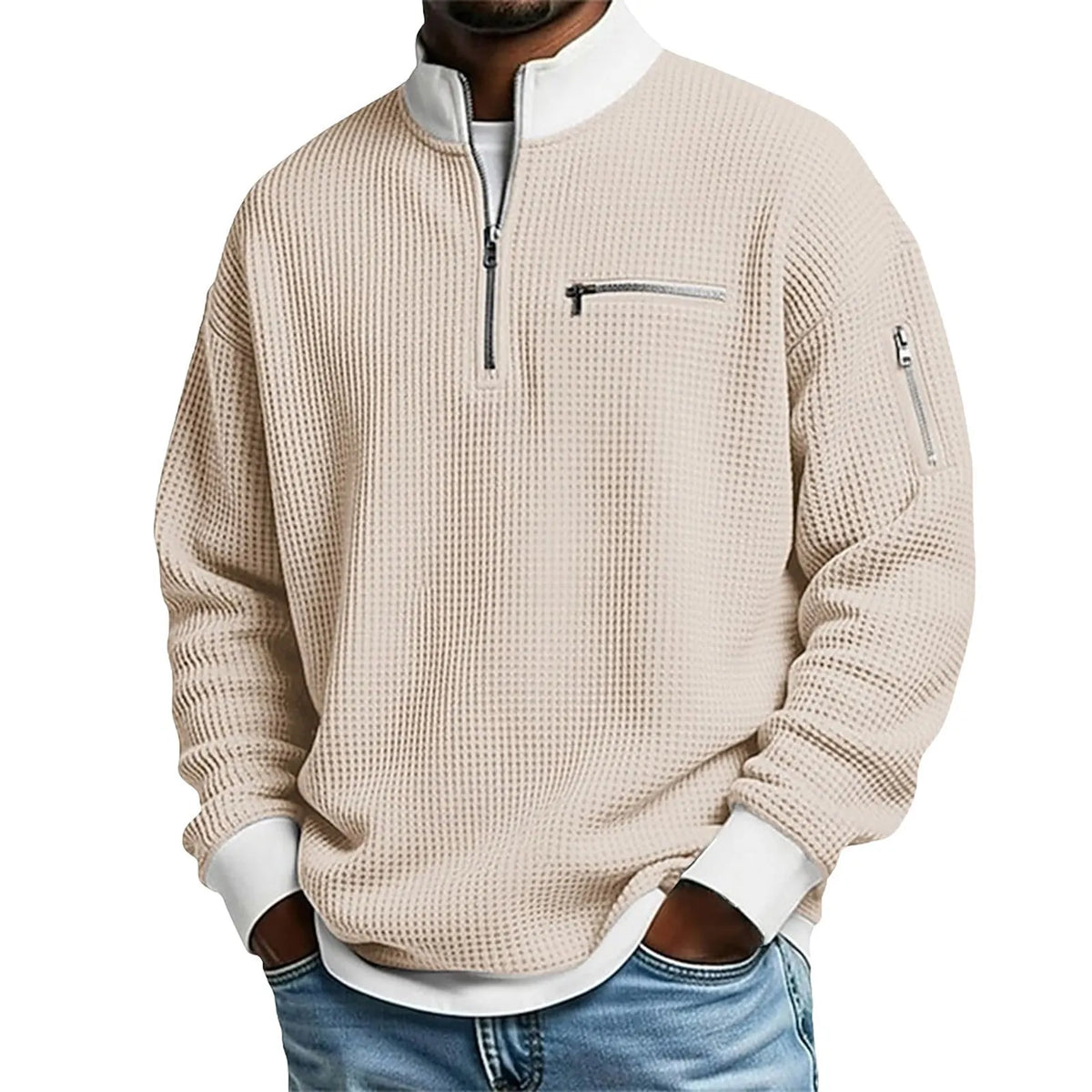 Classic Waffle Knit Quarter Zip Sweatshirt for Men, Relaxed Fit Casual Pullover Top