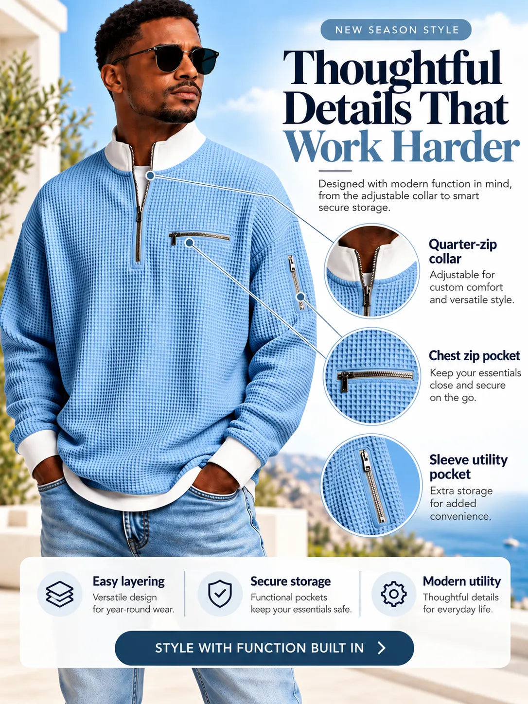 Classic Waffle Knit Quarter Zip Sweatshirt for Men, Relaxed Fit Casual Pullover Top
