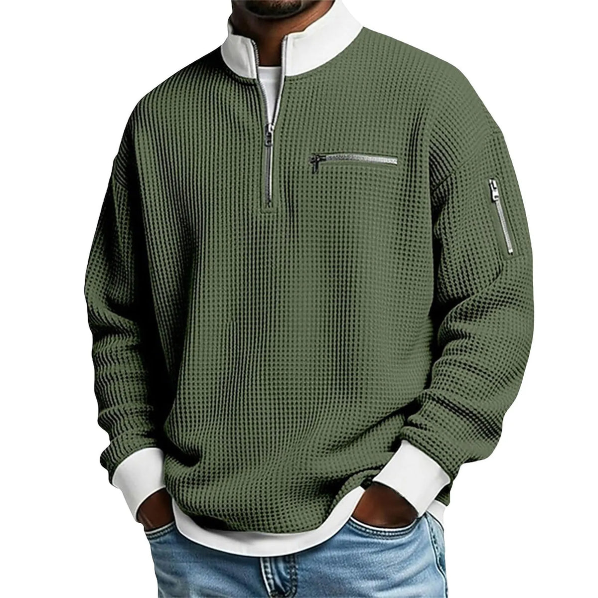 Classic Waffle Knit Quarter Zip Sweatshirt for Men, Relaxed Fit Casual Pullover Top