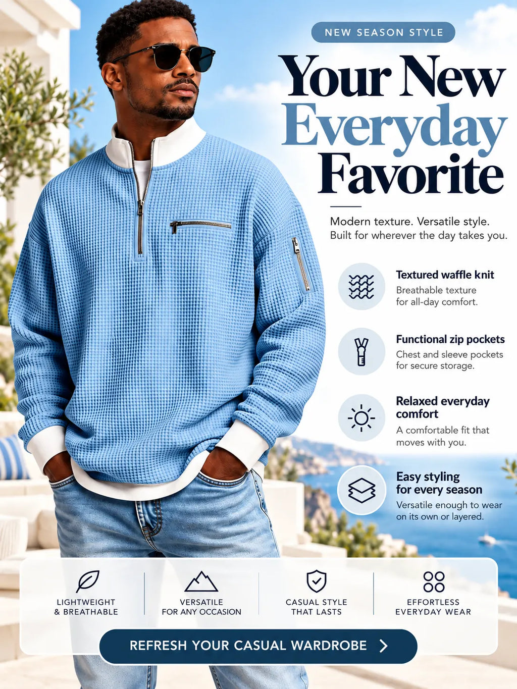 Classic Waffle Knit Quarter Zip Sweatshirt for Men, Relaxed Fit Casual Pullover Top