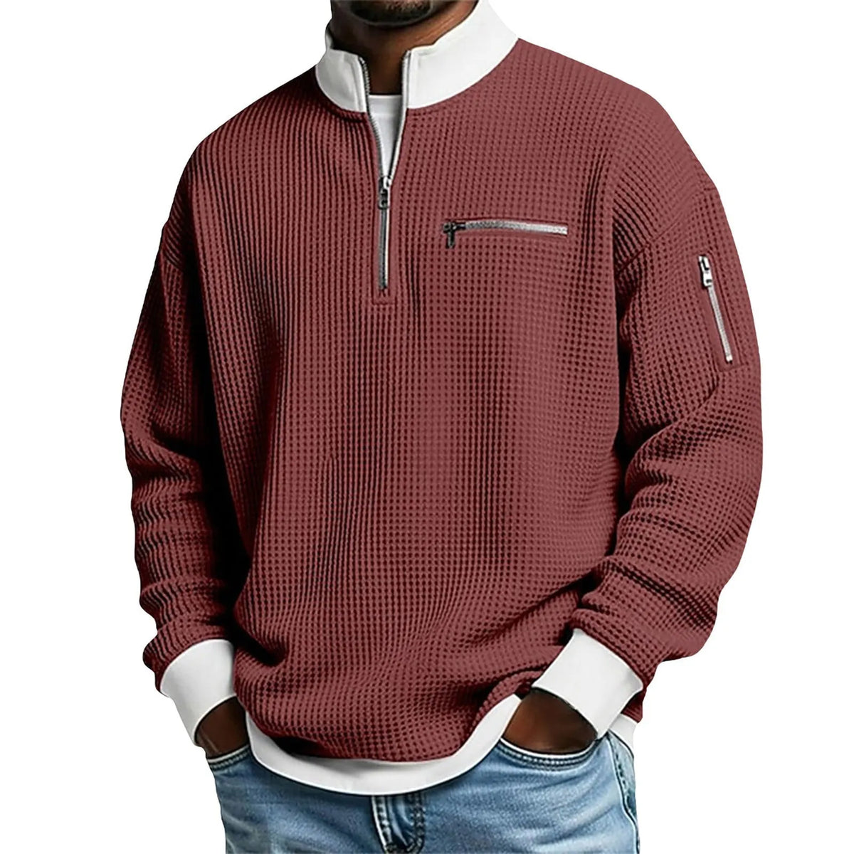 Classic Waffle Knit Quarter Zip Sweatshirt for Men, Relaxed Fit Casual Pullover Top