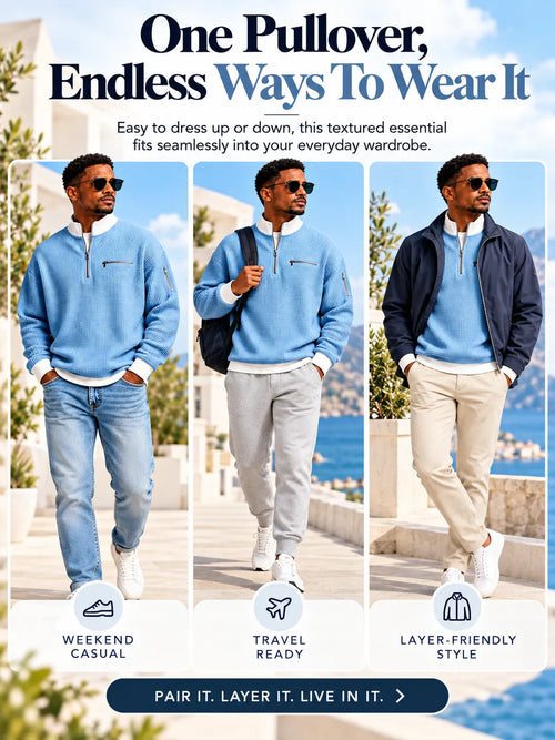 Classic Waffle Knit Quarter Zip Sweatshirt for Men, Relaxed Fit Casual Pullover Top