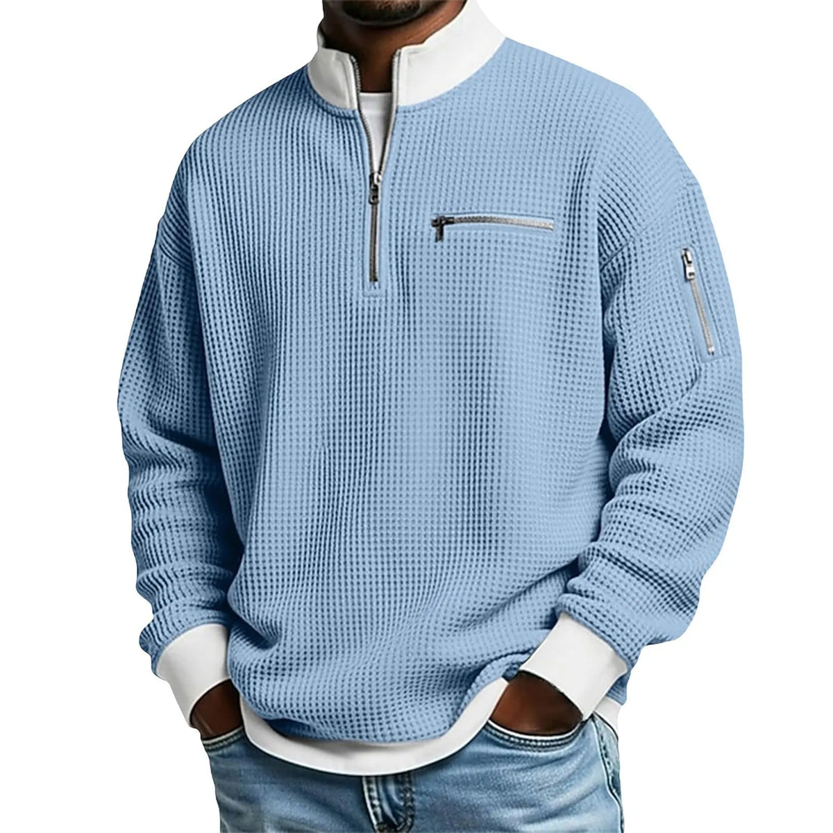 Classic Waffle Knit Quarter Zip Sweatshirt for Men, Relaxed Fit Casual Pullover Top