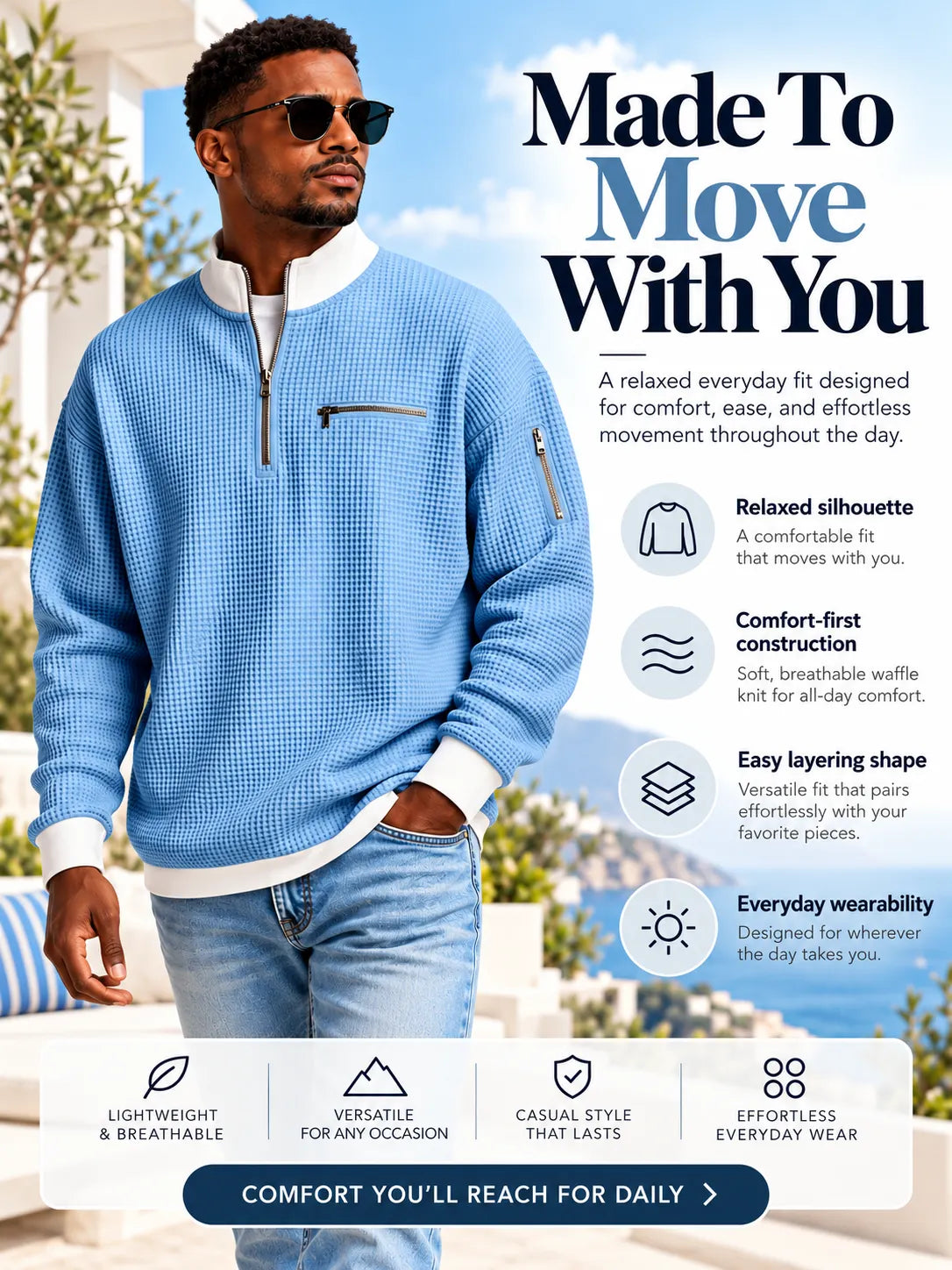 Classic Waffle Knit Quarter Zip Sweatshirt for Men, Relaxed Fit Casual Pullover Top