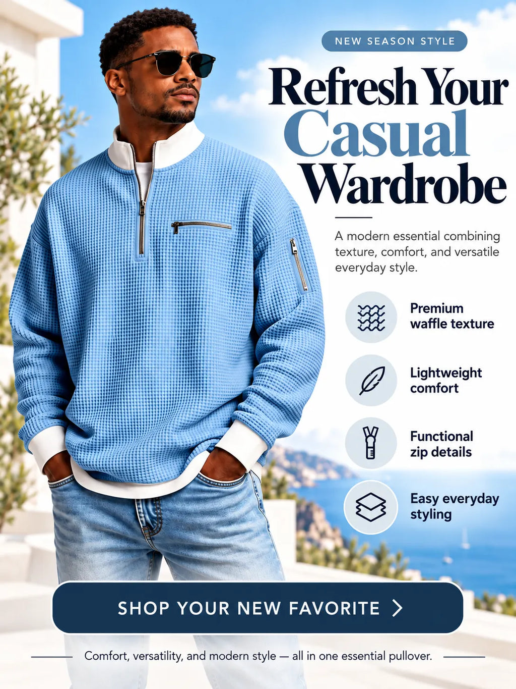 Classic Waffle Knit Quarter Zip Sweatshirt for Men, Relaxed Fit Casual Pullover Top