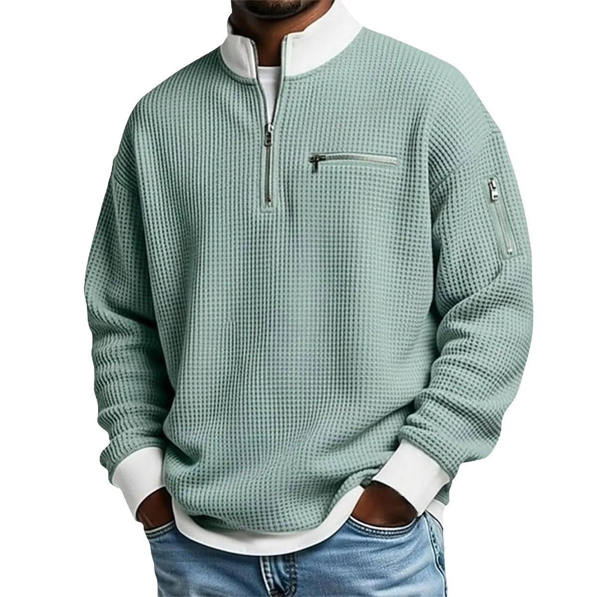 Classic Waffle Knit Quarter Zip Sweatshirt for Men, Relaxed Fit Casual Pullover Top